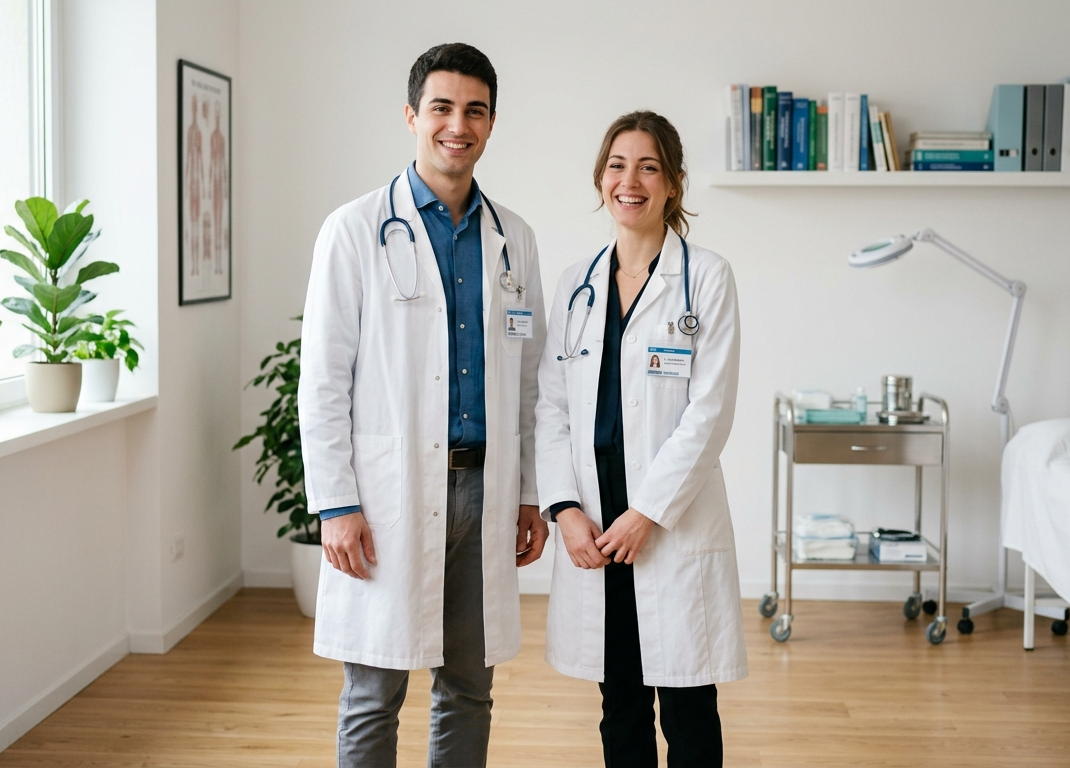 Due professionisti sanitari sorridenti nel loro studio
